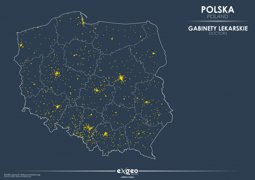 Polska, mapa, służba zdrowia, lekarze, gabinety lekarskie, exgeo, kartografia